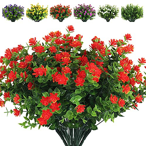 RECUTMS 8 Bundles Plastic Artificial Flowers UV Resistant Plant Decoration | Artificial Lotus Faux Flowers Sping Eucalyptus for Indoor Vase Garden Porch Décor Wedding Decoration (Orange Red)