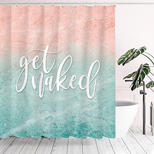 Tititex Mint Pfirsich Rosa Ombre Farbe Duschvorhang Sets, Grün Blush Cute Get Naked Zitat Badezimmer Dekoration 71x71 Zoll mit Haken