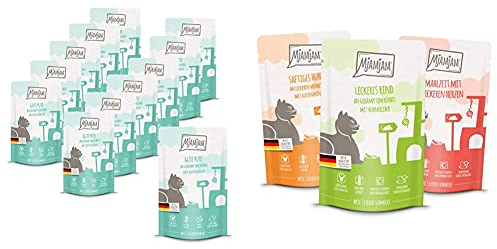 MjAMjAM - Premium Nassfutter für Katzen - Quetschie - Gute Pute an gedämpftem Kürbis, 12er Pack (12 x 125 g) & Premium Nassfutter für Katzen - Mixpaket 1 - Huhn, Rind, Herzen, 12er Pack (12 x 125 g)