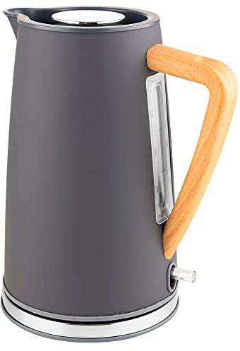 FLORINA Botti Nelly Hervidor de Agua Eléctrico Ultra Rápido, Inalámbrico sin Cable, Diseño Nórdico, 1,7 L, Asa Efecto Madera, Apagado Automático, Grafito, 2150W, 6C5436