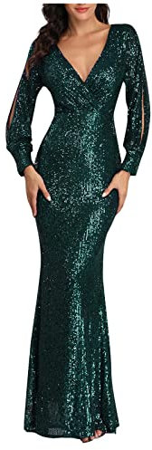 Sisifa Damen Abendkleid Langarm Paillette Kleid für Frauen Elegant Kleid Meerjungfrau Lange Ballkleid V-Ausschnitt Maxikleider Bodycon Kleid Glitzer Kleid Cocktailkleid