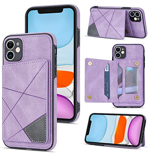 UEEBAI Wallet Case for iPhone 11 6.1 inch, Slim PU Leather Case with Card Holders Kickstand Double Magnetic Clasp Durable Skin feel Shockproof Flip Folio Cover - Purple