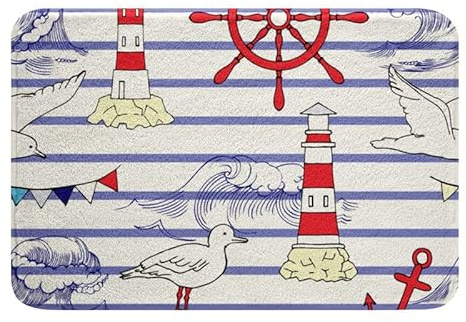 Badezimmerteppiche mit Meeresmotiven 40 x 60 cm Cartoon Anker Leuchtturm rutschfeste Badteppiche Jungen Mädchen Meer Ozean Welle Dekor flauschiger weicher Plüsch lila weißer Streifen Duschteppich