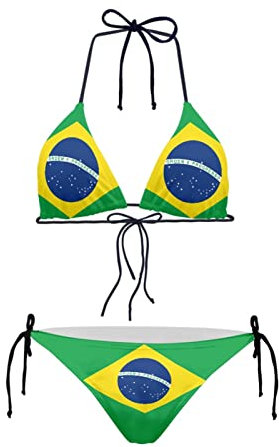 Howilath Brazil Flag Bikini Skin-Friendly Comfy Padded Bathing Suit, Green Yellow Brazilian Flag Print Swimsuit Summer Bikinis-L