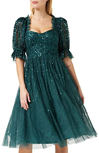 Maya Deluxe Women's Ladies Dress Midi Sequin Embellished Frilly Sweetheart Neckline Puffed Sleeves for Wedding Guest Prom Evening, Emerald Green, 18
