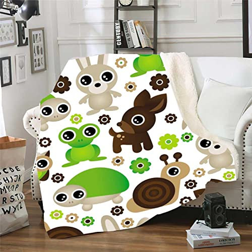 Kuscheldecke Frosch-Kaninchen-Hirsch Decke Flanell Lammwolle Fleecedecke Doppelseitiges Design Fleecedecke Flauschig Decken Blanket Sofadecke Pflegeleicht Felldecke Wolldecken für Couch 180x220cm