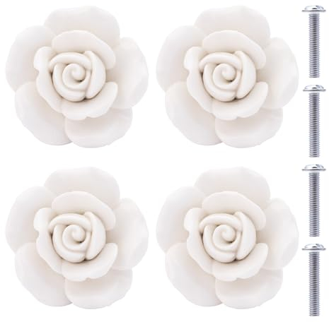 NAKUPENDA Boutons en Céramique 4 Pièces Boutons de Tiroir en Céramique Fleur de Fleur Ros Boutons de Meubles Rose en Porcelaine pour Tiroirs Armoires Portes de Placard (Blanc)