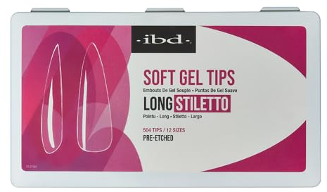 IBD Soft Gel Tips Long Stiletto - 504 Pieces, 12 Sizes - Made in USA - Transparent Nail Tips - Soft Gel Tips for Nail Extension - Long Stiletto Shape