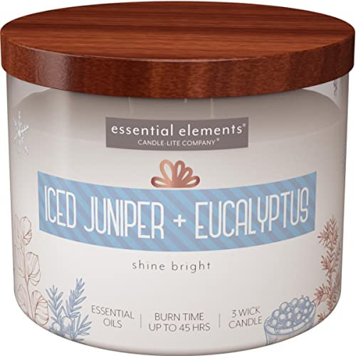 Candle Lite Essential Elements Duftkerze im Glas | Iced Juniper & Eucalyptus | Duftkerze Eukalyptus | 3 Docht Kerze | Kerzen lange Brenndauer (45h) | Große Kerze (418g)
