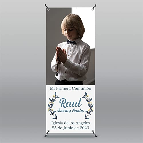 Photocall Comunion Niño y Niña – Cartel Personalizado X-Banner 70X180 cm para Fiesta con Nombres, Fecha y Foto (Modelo 1)
