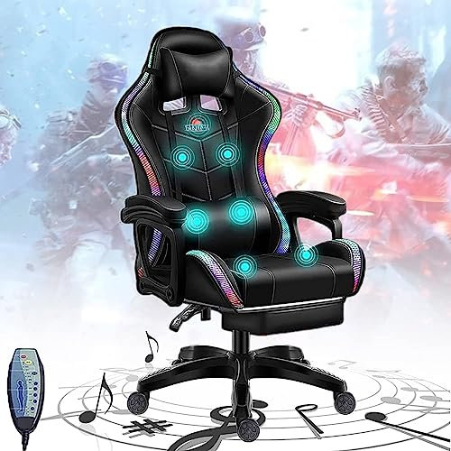 Masaje PC Gaming Chair para adultos y adolescentes Sillas de video ergonómicas con altavoces Soporte lumbar y reposapiés RGB LED Light Computer Swivel Chair for Recreation Room,Negro