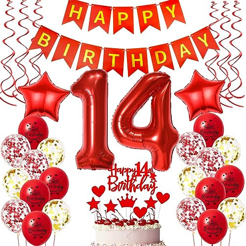 Deko 14. Geburtstag mädchen Rot,Geburtstagsdeko 14 jahre mädchen rot Luftballons 14 Geburtstag dekoration Rot,Folienballon 14 Geburtstag deko mädchen Rot Tortendeko 14 Geburtstag Mädchen deko rot