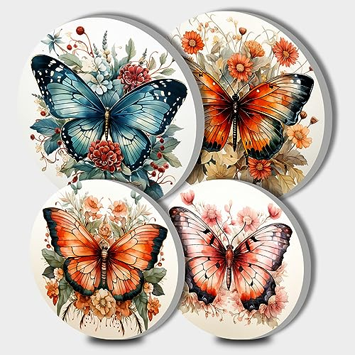 Lot de 4 housses de protection rondes à motif papillon rouge pour cuisinière à gaz, cuisinière à gaz, accessoires de cuisine, décoration décorative