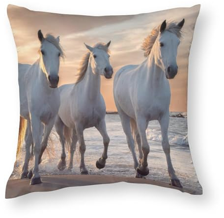 NIBABA Kissenbezüge, 1 Stück, Herde, weiße Pferde, die am Strand laufen, dekorative Kissenbezüge, 60 x 60 cm, weiches Polyester, quadratisch