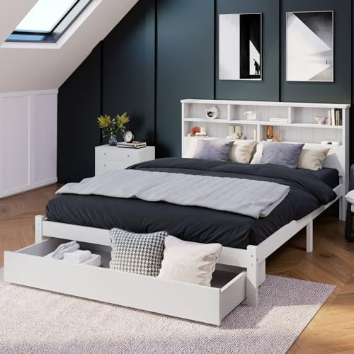 KOMHTOM Lit Double en Bois avec Tiroir, Cadre de Lit Plateforme avec Tête de Lit de Rangement, Sommier à Lattes, Blanc(sans Matelas) (140x200CM)