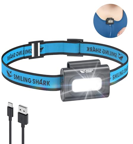 Smiling Shark Headlamp, SD-7113 Stirnlampe & Clip Licht LED Wiederaufladbar USB mit Weißes & Rotes Flutlicht und Spotlight Mini Portable Nur 36g Super-Leichtgewicht Für Laufen Angeln Klettern Wandern