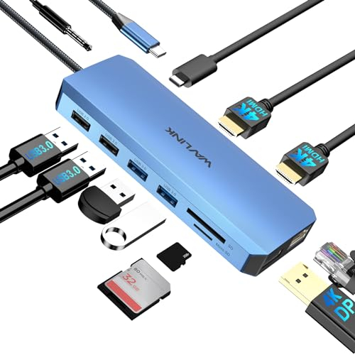 WAVLINK USB C Hub Triple Monitor, Docking Station per laptop 12-in-1, Adattatore multiporta con doppio HDMI 4K, DP 4K, PD IN 100W,per MacBook/Dell/HP/Lenovo(Blu)