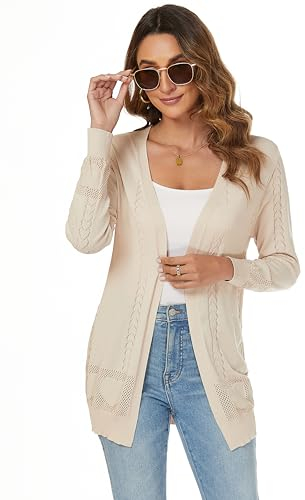 Famrrifuu Cardigan Donna Lungo Cotone Leggero Maniche Lunghe Giacca Elegante Estivo Cardigan in Maglia,Beige,XL