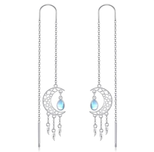 Traumfänger Durchzieher Ohrringe Sterling Silver Feder Einfädler Lange Kette Ohrschmuck Geschenk für Damen