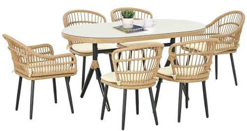 Outsunny Juego de Muebles de jardín Juego de Comedor de 6 plazas de ratán PE - 1 Mesa Rectangular y 6 sillas con Cojines - Tapa de Cristal Templado, Estructura de Acero, Madera Natural