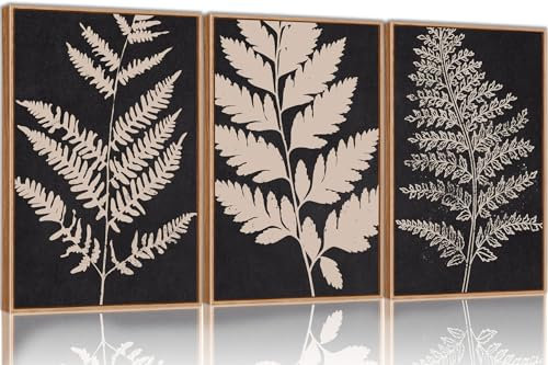 SIKERIC Vintage Black Tan Fern Leaf Wall Art, Nature Minimalis Leaves Framed Canvas Art Print Set of 3, Modern Fern Silhouette Wall Decor, Large Plant Artwork for Living Room, Bedroom, Office-16x24