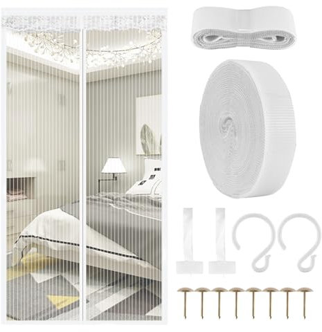 Magnetic Fly Screen Door, Durable Magnetic Insect Door Screen Door Nets with Magnets, Patio Insect Door Screen Magnetic Mosquito Net for Doors, Keep Bugs Out Pets Access Friendly (White, 90 X 210 Cm)
