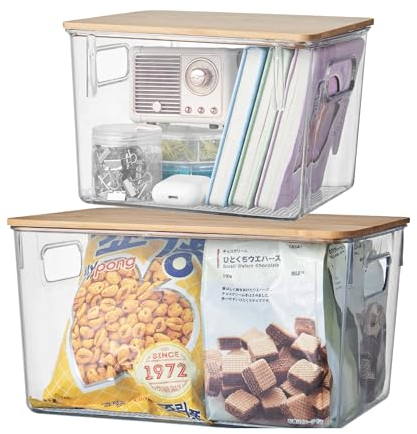 Eden & Willow Clear Plastic Storage Box with Bamboo Lid and Handles | Shelf Organiser Container with Lid for Home, Kitchen and Bathroom Organisation (Small + Large)