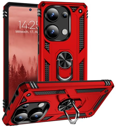 LBH Outdoor Hülle für Xiaomi Redmi Note 13 Pro Armor Militär Stoßfest Handyhülle 360 Grad Metal Ring Halter Ständer Schutzhülle für Handyhalterung Auto Magnet Rot