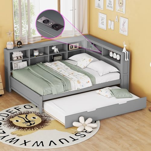 FEZTOY Tagesbett mit ausziehbares Bett und Mehreren Ablagefächern, Gästebett Bett mit USB-Steckdose- 2 Liegeflächen 140x200cm+190x90cm - Holzbett inkl. Lattenrost, ohne Matratze