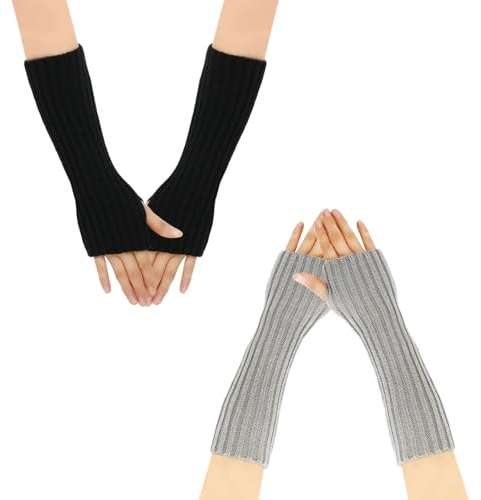 Pejlnd 2 Paar Armstulpen Damen,Winter Gestrickte Fingerlose Handschuhe Damen,Arm Sleeve Unisex Fingerlose Armstulpen Lang Handwärmer Stulpen,Warm Strick Handschuhe Armwärmer Stulpen für Büro Tägliche