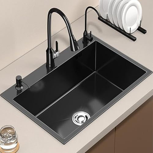 Lavandino 1 Vasca Cucina Nero Lavello Incasso Acciaio Inox con Gocciolatoio Retrattile, Lavello multifunzione Vasca Singola, Antigraffio e resistente all'usura