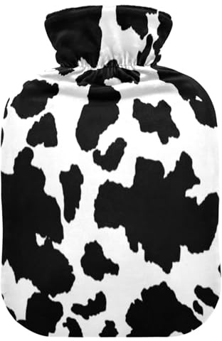 Hot Water Bottle with Cover, Animal Cow Print 1L Leakproof Hot Water Bag for Hand Feet Warmer, Neck, Shoulder, Back, Muscle Pain Relief, Cold Compress