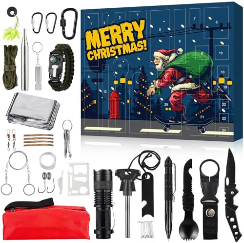Survival Kit Adventskalender 2024, Survival Ausrüstung Adventskalender 2024 Männer, 24 Tage Werkzeug Adventskalender 2024, 0,5 Kg Tragbar Security Ausrüstung Camping Zubehör Geschenke Für Männer (A)