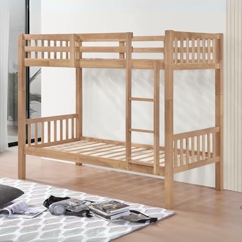 Reinforced Beds 3FT KELLING BUNK BED – Solid Rubberwood Frame, Heavy Duty Bunk for Adults & Kids, Right-Hand Ladder, Space-Saving Shaker Design, 22mm Thick Wooden Slats (Natural Oak)