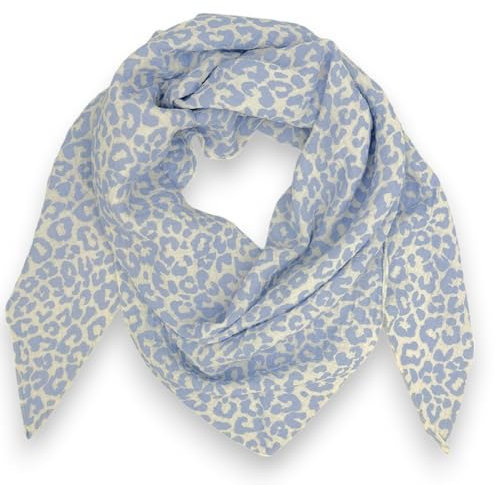 Ziona Musselin Tuch Damen Leo Dreieck Made Italy 195 x 72 cm Herbst Winter Halstuch leoprint Schal Baumwolle (Weiß-Hellblau)