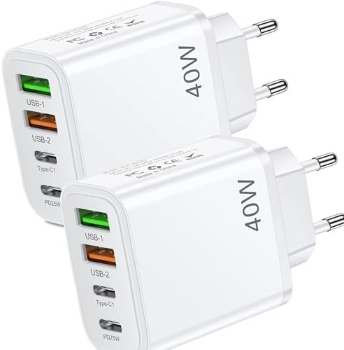 Pack 2 Cargador USB Carga Rápida Múltiple 4 Puertos - Enchufe Multiple 40 W – Cargador USB C - Adaptador USB C Compatible de Samsung, iPhone - iPad, Huawei, Google, Carga Rapida, Portátil 40W