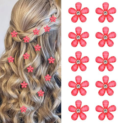 Mezrkuwr 10 Stück Rot Mini Blumen Haarspangen mit Strass, niedliche Haarspangen, Blumen Haarnadeln, dekorative Haarspangen, Hochzeit-Haarspangen, Blumen-Haar-Accessoires