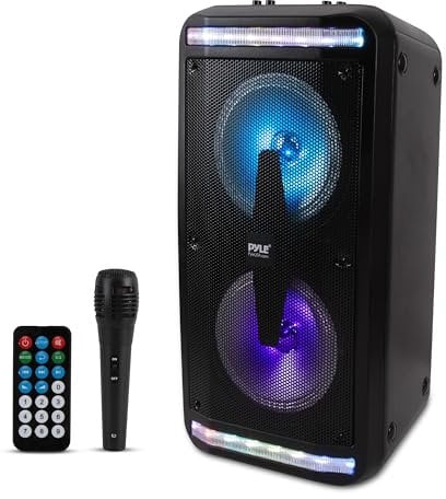 Pyle Bluetooth Speaker and PA System - Portable Stereo Karaoke System with Wired Mic, Built-in LED Party Lights, MP3/USB/Micro SD Readers, FM Radio, 8 Subwoofers, 600W MAX, 11.4 x 10.4 x 23.2