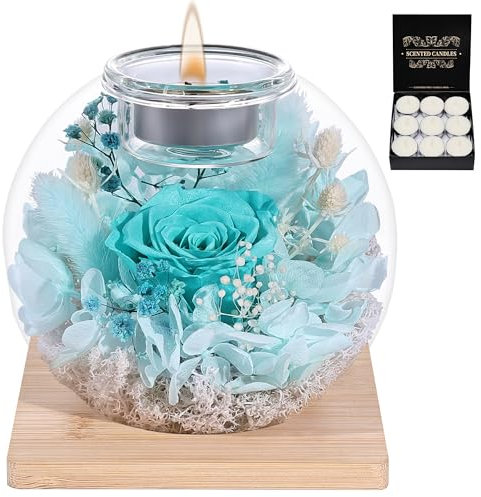 Rose Eternelle, Cadeaux d'anniversaire pour Femmes, Vraies Roses Eternelles avec Couvercle en Verre, Cadeaux pour Femmes, Sœurs, Petites Amies pour Anniversaire, Thanksgiving, Noël (Cyan)