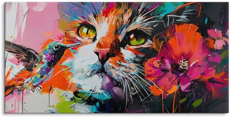 Paul Sinus Wandbild 120x60cm – Lebendige Kunst – Katze und Kolibri in farbenprächtiger Harmonie