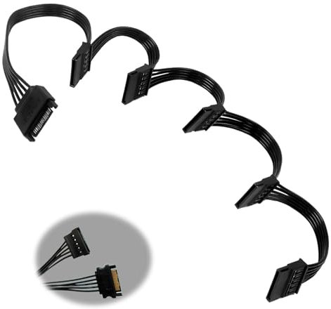 Sata Cable Alimentacion De 15 Pines (1 Macho A 5 Hembras), Extensión Adaptador SATA Para PC, SSD, HDD Y Unidades Ópticas, Longitud 20 + 15 + 15 + 15 + 15 Cm, Cable SATA Cable Divisor Negro.