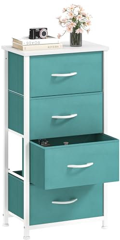 DWVO Kommode mit 4 Schubladen, Schrank aus Stoff mit Griffen, Metallgestell & MDF-Holzplatte, langlebig, für Schlafzimmer & Wohnzimmer,Grün