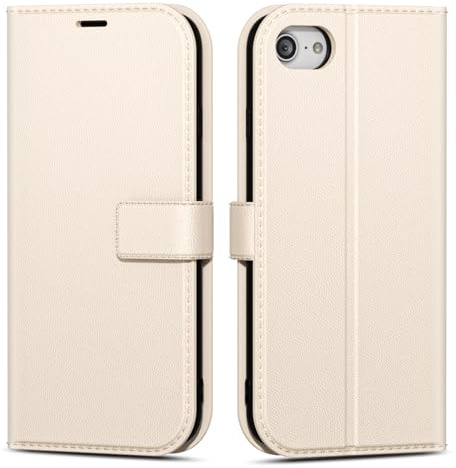 oakxco for iPhone SE 2022/2020/ 8/7 Wallet Case with Credit Card Holder, Magnetic RFID Slim Folio Book Flip Leather Phone Case for Women Men Girl, Cute Silicone Rubber Shockproof Cover, Beige White