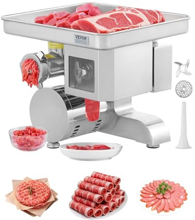 VEVOR Hachoir à Viande Électrique et Trancheuse avec Capacité de 5 kg/min, Poussoir à Saucisses en Acier Inoxydable, avec Lame et Plaque de Broyage, de Comptoir, pour Cuisine Boucherie Restaurant