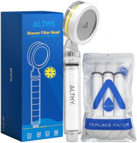 ALTHY Vitamin-C Duschkopf mit Filter, SPA Hochdruck-Wassersparend Duschkopf, 3-stufige Wasserfilterung–entfernt Staub,Rost,Chlor und Schwermetalle–pflegt Ihre Haut und Haare(Enthält 1VC&4PP Baumwolle)
