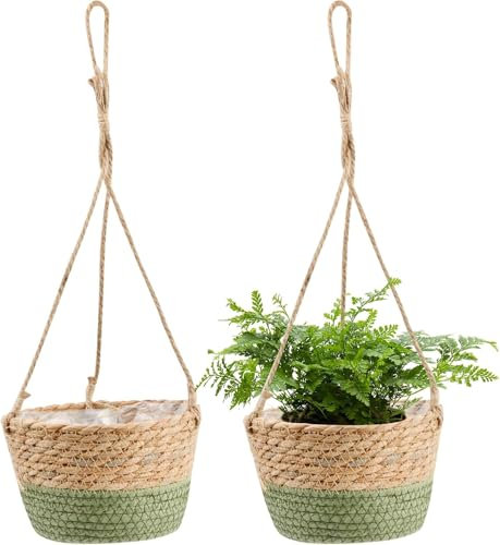 Viitech 2er Blumentöpfe Hängende, 20cm Natürliche Baumwolle Handgewebt Blumenampel Pflanzenaufhänger Langem Hängendem Seil, Seegras Pflanzentopf für Wohnkultur Drinnen Draußen