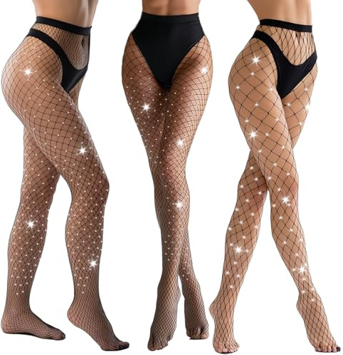 Sdfvsdg 3 Pack Sparkly Fishnet Tights Stockings Large Medium Small Mesh for Women Fishnets Glitter Rhinestone Tights