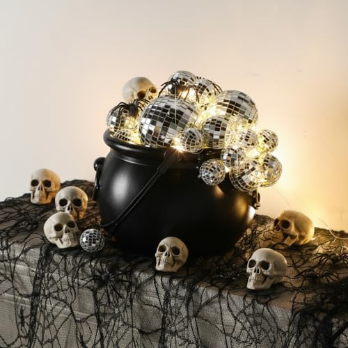 Sosation Disco Halloween Bubbling Cauldron Kit with LED Lights 18 Disco Mirror Balls 8 Spiders 4 Skulls Witch Bowl Cauldron with 50 g Cotton for Halloween Spooky Party Centerpiece