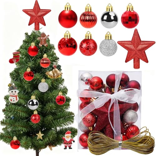 LIUYIDM Mini Weihnachtskugeln 30 Stück Klein Christbaumkugeln (Rotsilber) | Kugeln Mini Weihnachtsbaum 3 cm mit 10 Metern Goldfaden Tisch-Weihnachtsbaum Dekorationsset,für Weihnachtsbaumschmuck