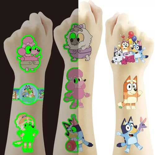 80pcs Blue Dog Temporary Tattoo,Kawaii Princess Birthday Party Supplies,Birthday Decorations Party Game Activities Reward Gifts (4 Sheets including 2 Sheets Luminous)